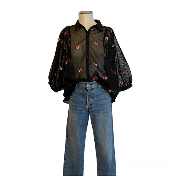 Women's Black Sheer Puff Sleeve Wrap Crop Top with Floral Applique